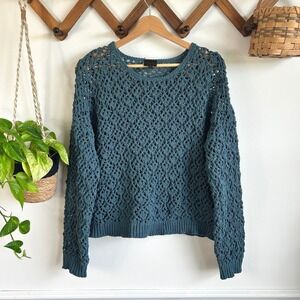 Mod Lusive XL Teal Blue Open Knit Crochet Sweater Long Sleeve Crew Neck Boho